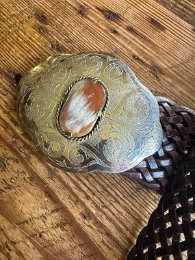 Brown Braided Leather Belt with Ornate Silver-Tone Buckle